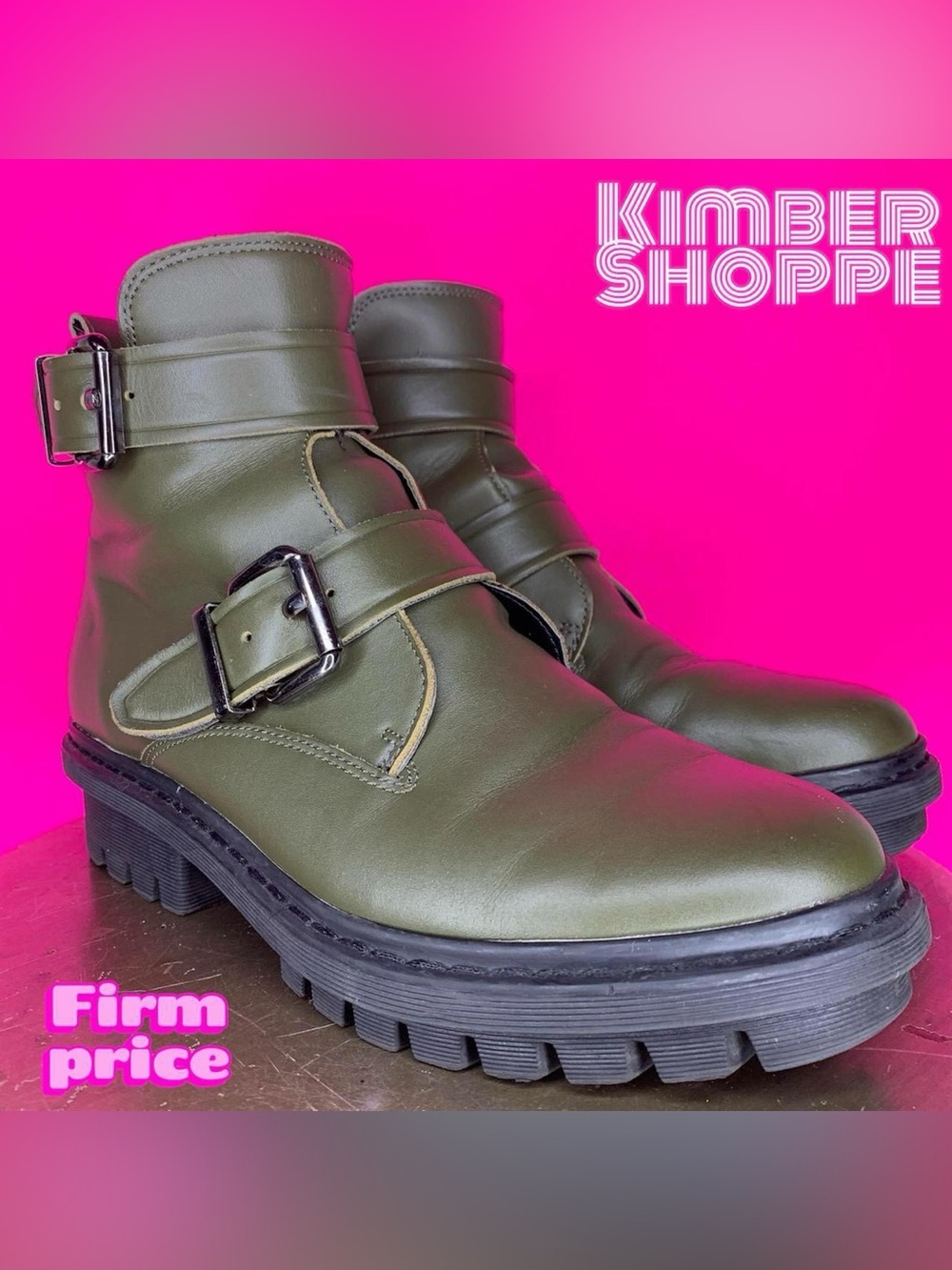 Aldo Olive Green Leather Double Buckle Strap Lug Sole Ankle Boot US 7 UK 4.5